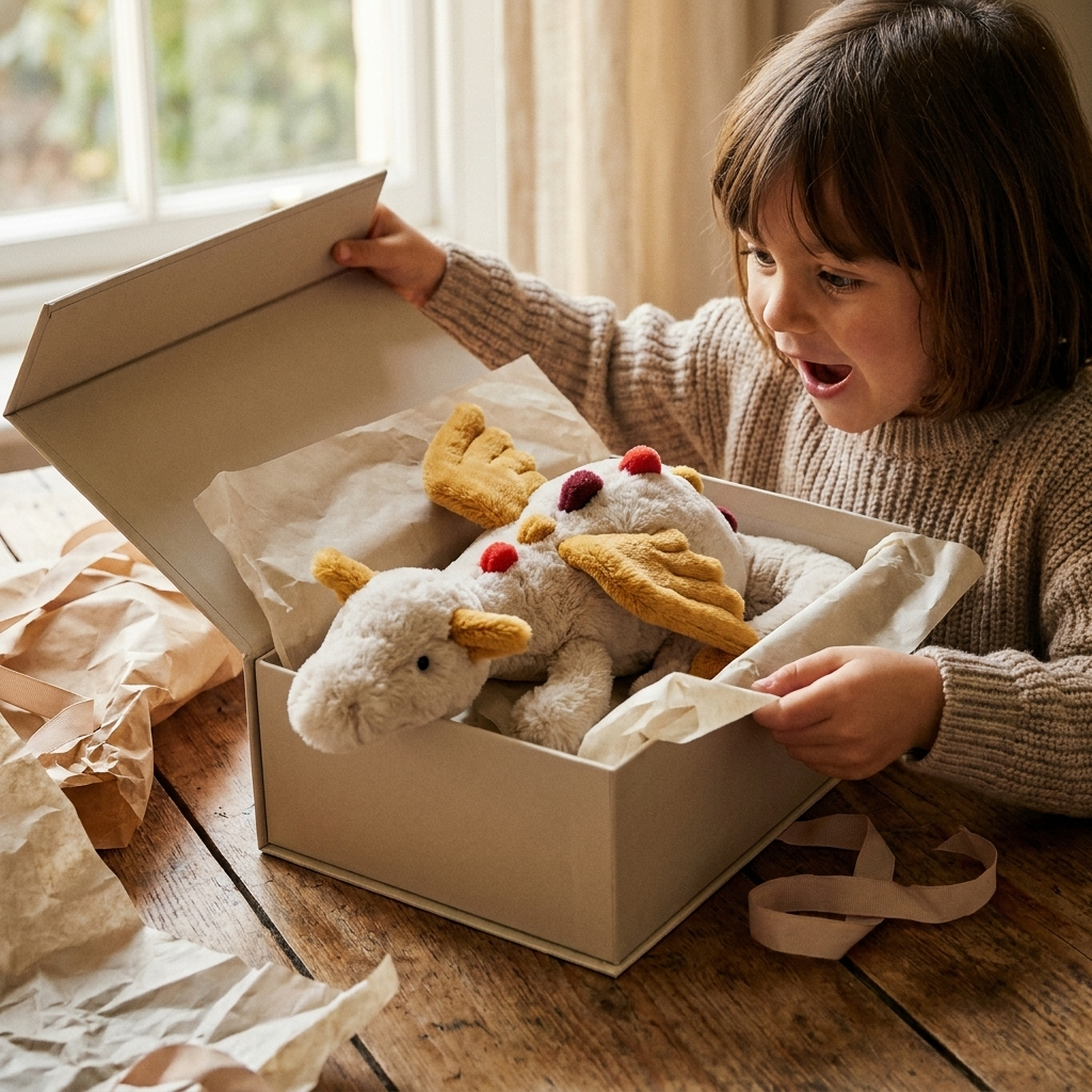 Kind packt einen Beschützerdrachen aus der Geschenkbox aus